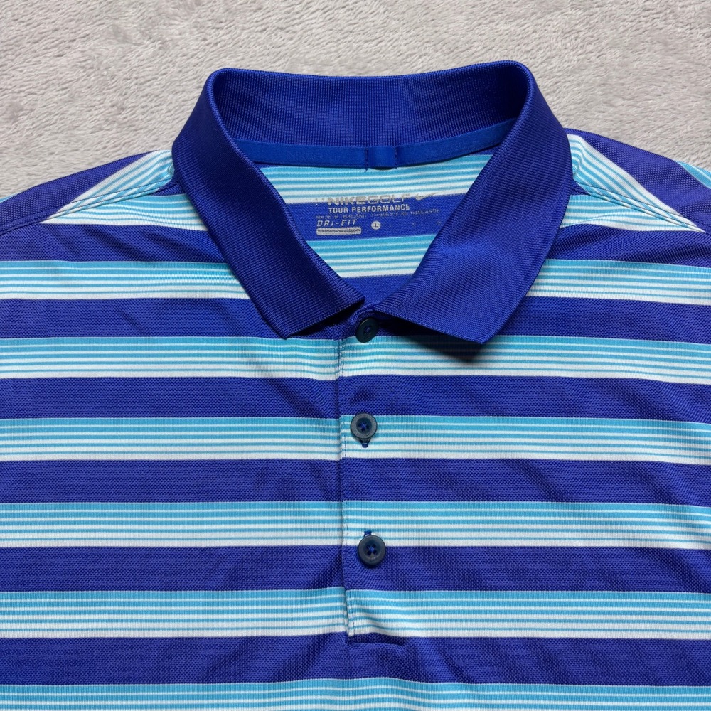 Nike Golf Tour Performance Mens Blue Striped Dri-Fit Polo Shirt Large 639710-404